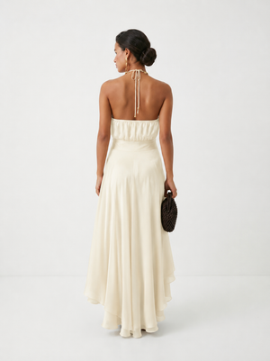 Women's Halter Midi Dress with Asymmetric Ruffle Hem