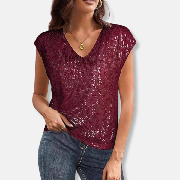 Sparkly Sequin V-Neck Top Relaxed Fit Cap Sleeve