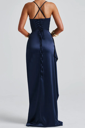 Women’s Elegant Maxi Dress with Ruched Detail and Dramatic High Slit