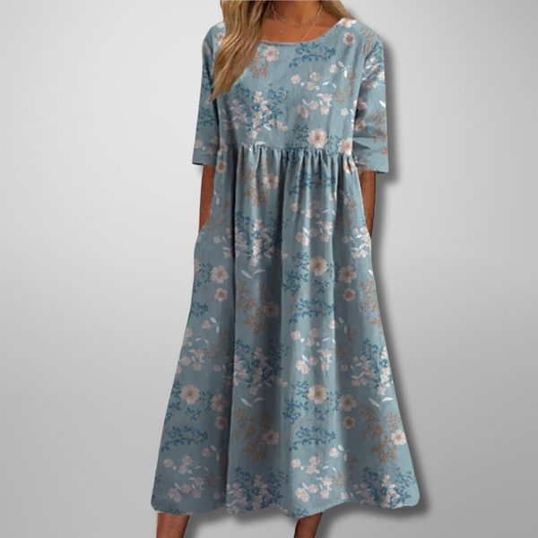 Vestido midi floral holgado de manga corta para mujer
