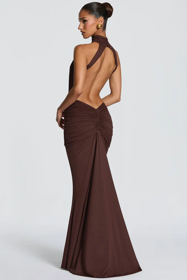 Women’s Backless Halter Neck Mermaid Maxi Dress with Open Back