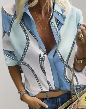 Women's Geometric Chain Print Button-Up Blouse