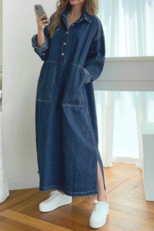 Women's Denim Maxi Dress Oversized Collared Long Sleeve