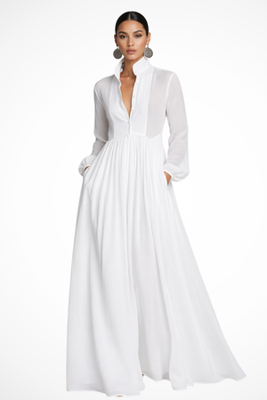 Vestido Maxi de Manga Larga con Botones y Bolsillos para Mujer