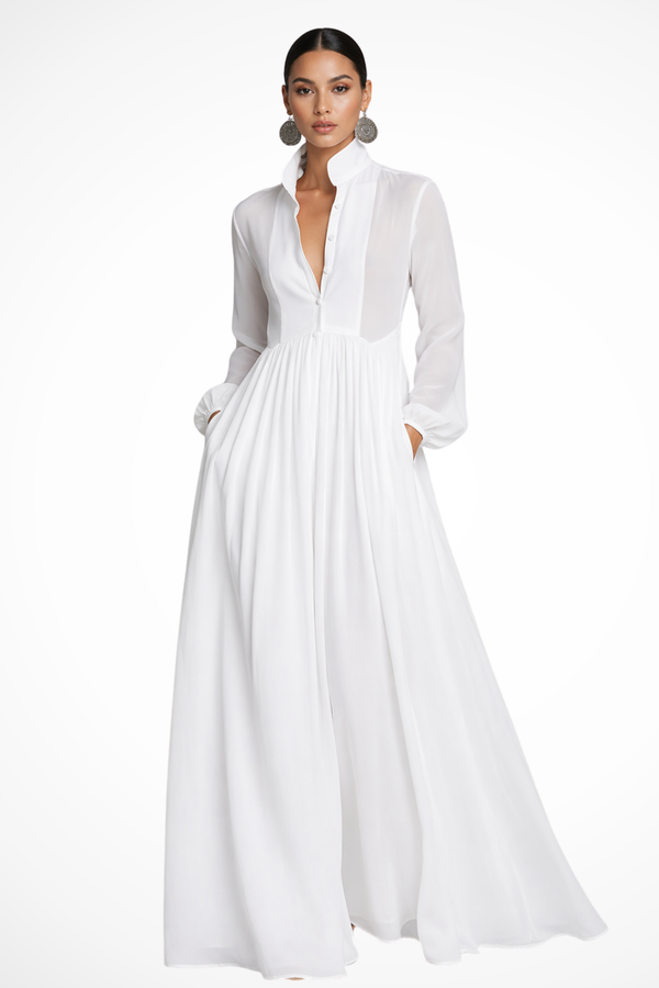 Vestido Maxi de Manga Larga con Botones y Bolsillos para Mujer