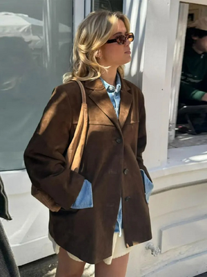 Stylish Brown Suede Oversized Trench Coat with Wide Lapel for Autumn/Winter