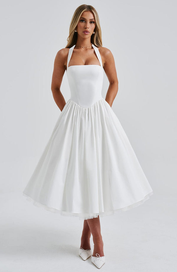 Vestido midi elegante de corte evasé en línea A para mujer