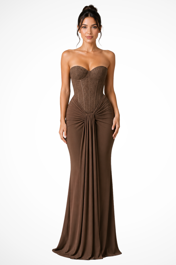 Vestido Maxi Sin Tirantes con Escote Corazón y Fruncido para Mujer