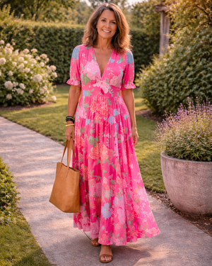 Women's Floral Print Maxi Dress with V-Neck, Short Sleeves