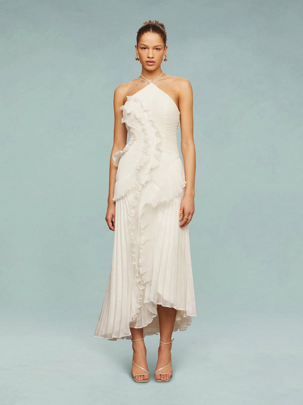 Women’s One-Shoulder Ruffle Maxi Dress with Asymmetrical Hem