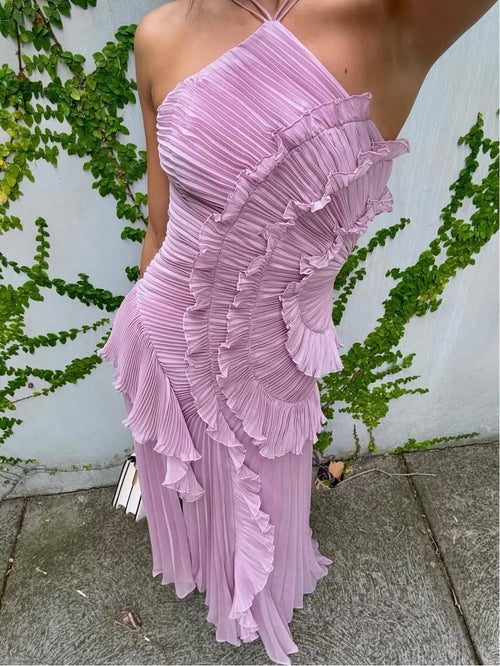 Women’s One-Shoulder Ruffle Maxi Dress with Asymmetrical Hem