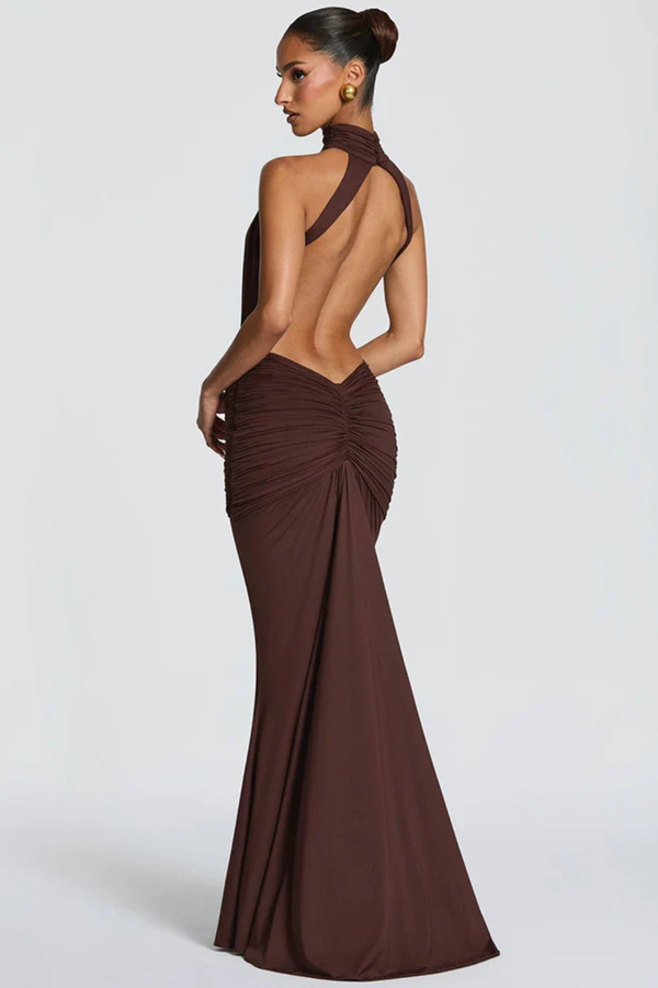 Women’s Backless Halter Ruched Bodycon Maxi Dress
