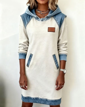 Women's Denim Midi Dress with Hood and Pockets
