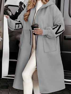 Women's Hooded Longline Zip Coat Outerwear with Pockets