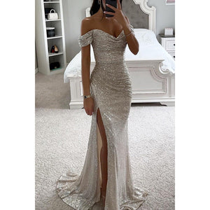 Women’s Off Shoulder Sequin Maxi Dress with High Slit and Fitted Silhouette