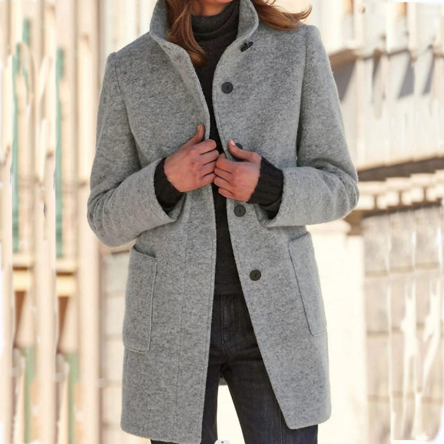 Women's Button Front Stand Collar Mid-Length Casual Coat