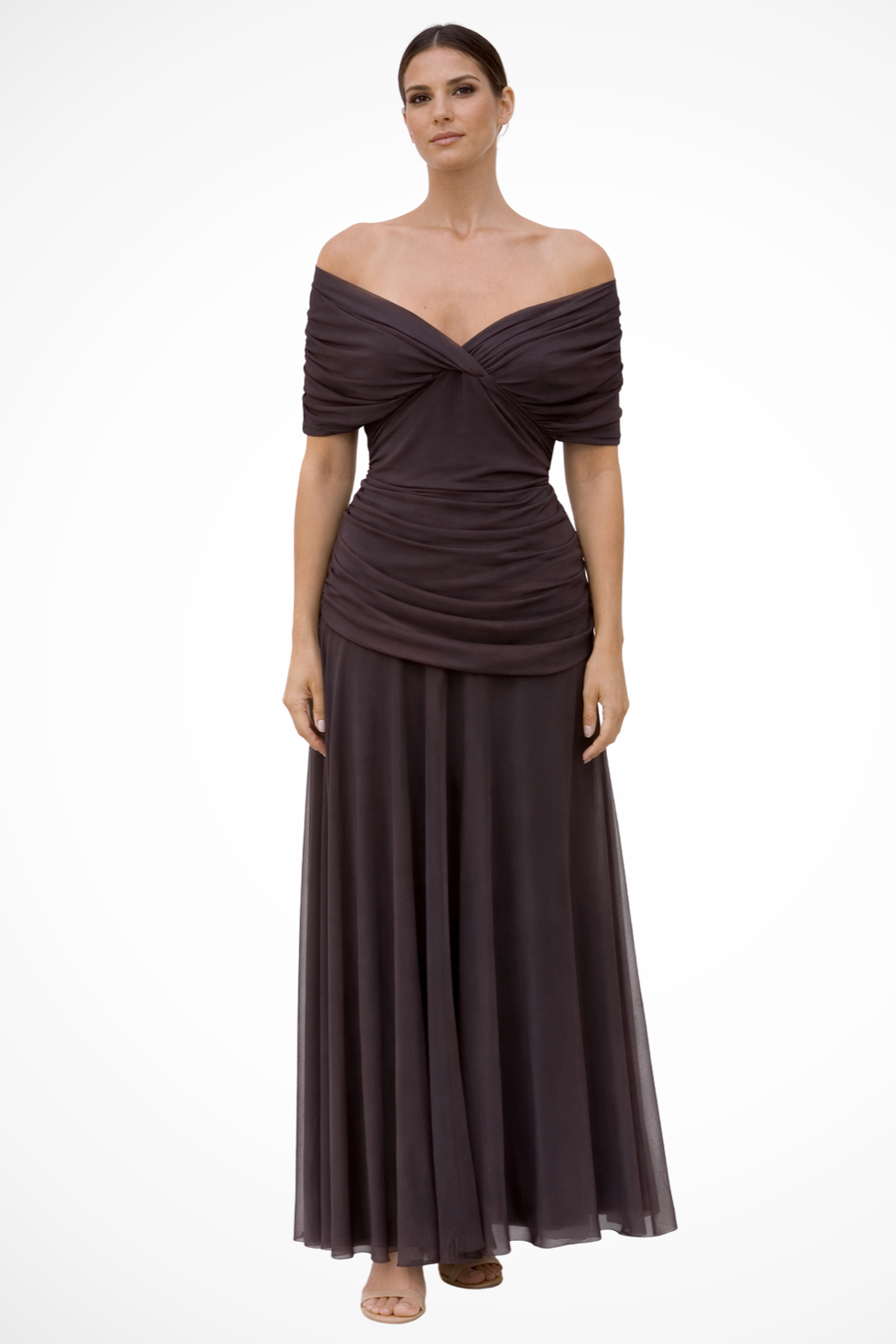Women Pleated Off-Shoulder Draped Maxi Evening Dress