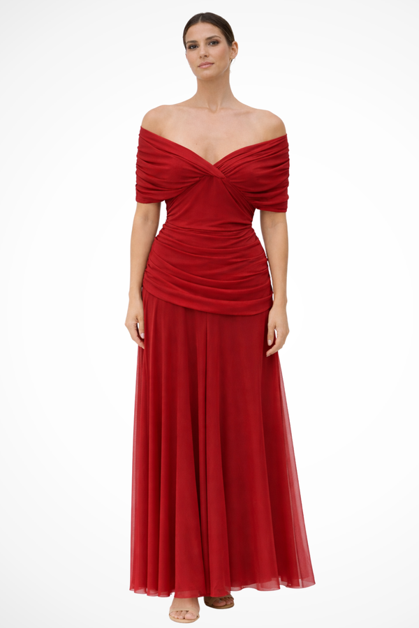 Vestido largo de noche plisado para mujer con hombros descubiertos y drapeado