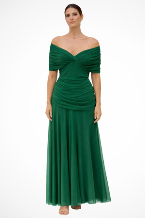 Vestido largo de noche plisado para mujer con hombros descubiertos y drapeado