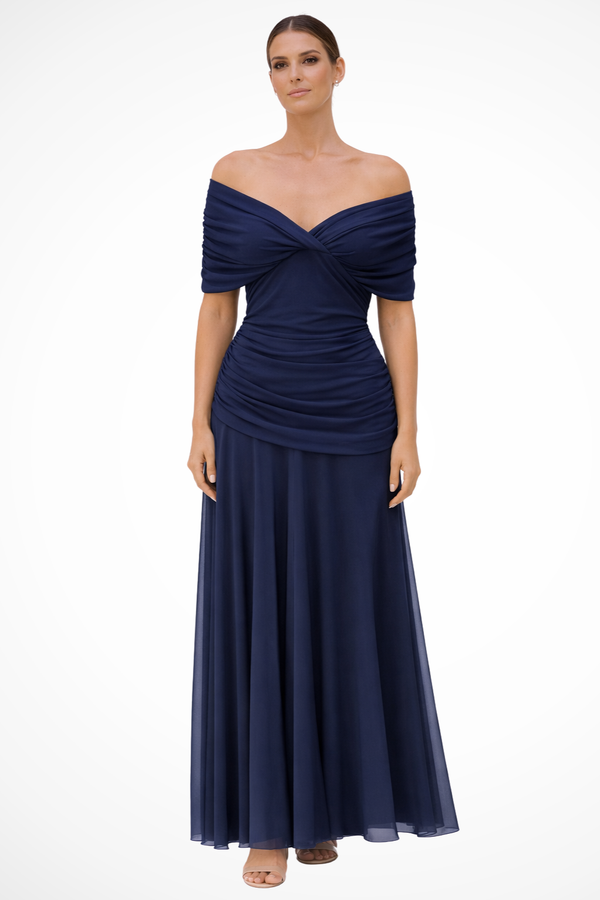 Vestido largo de noche plisado para mujer con hombros descubiertos y drapeado