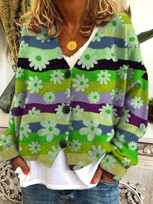 Women's Floral Color Block V-Neck Knit Sweater
