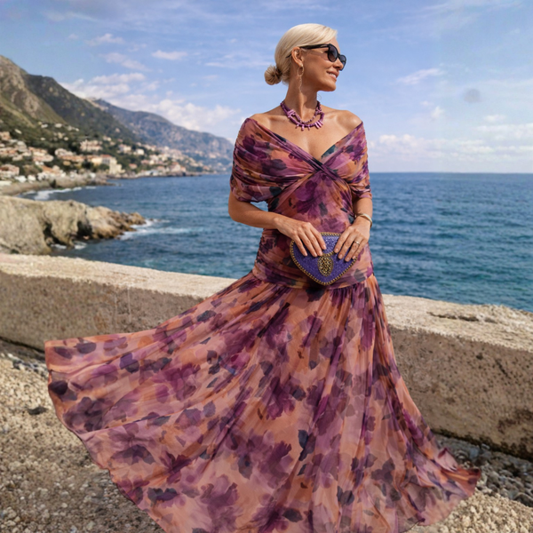 Vestido largo cruzado de tul de mujer con mangas transparentes