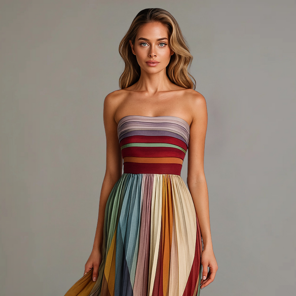 Women’s Strapless Pleated Boho Rainbow Maxi Dress