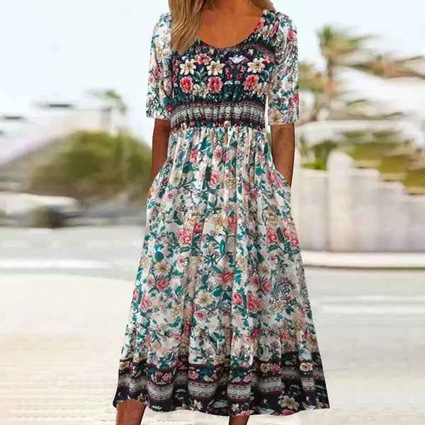 Women’s Boho Vintage Print Floral Midi Dress