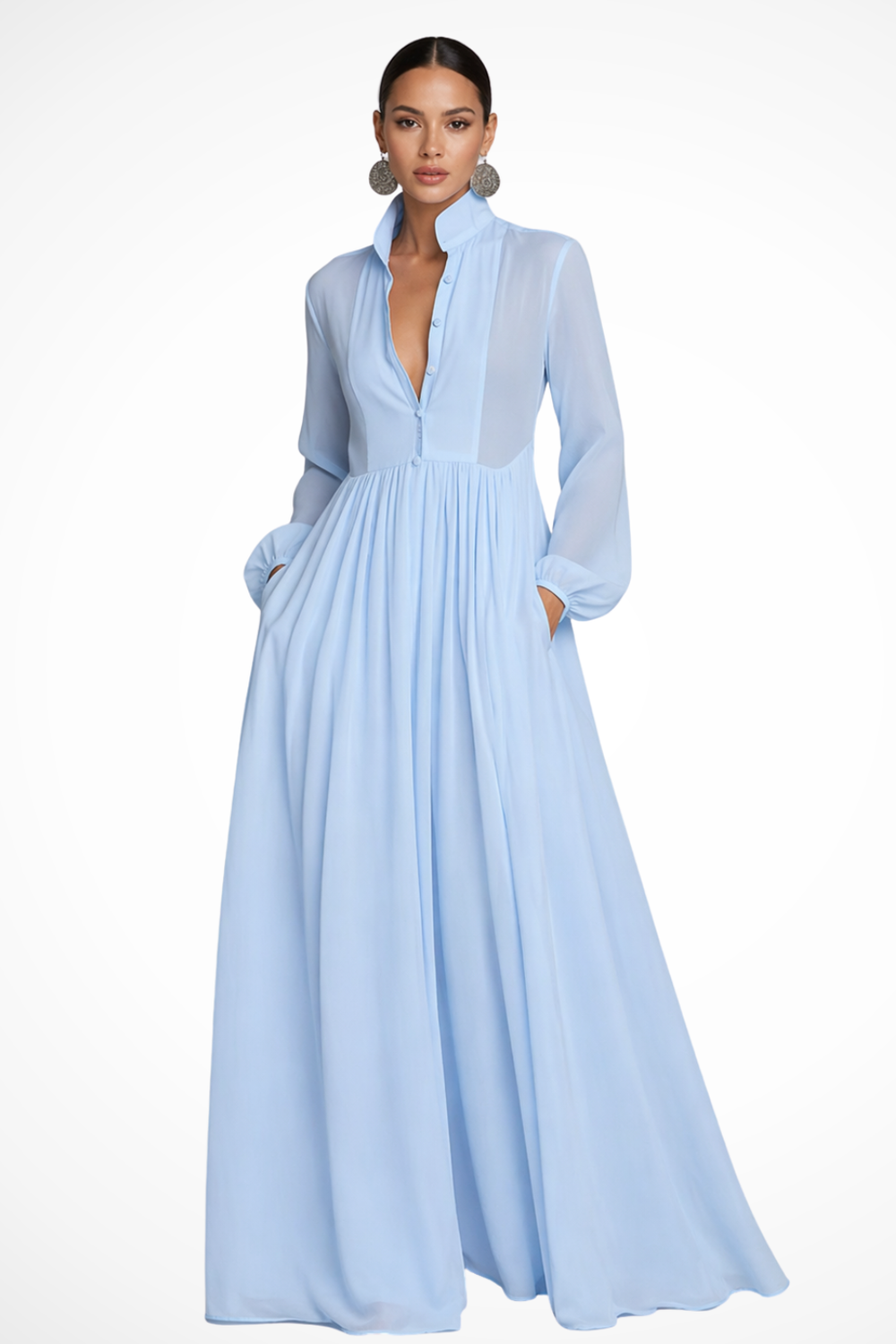 Women's Long Sleeve Button Front Maxi Dress with Pockets