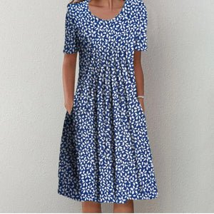 Women's Floral Print Midi Dress with Short Sleeves and Flowy Silhouette