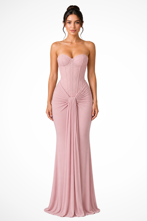Vestido Maxi Sin Tirantes con Escote Corazón y Fruncido para Mujer