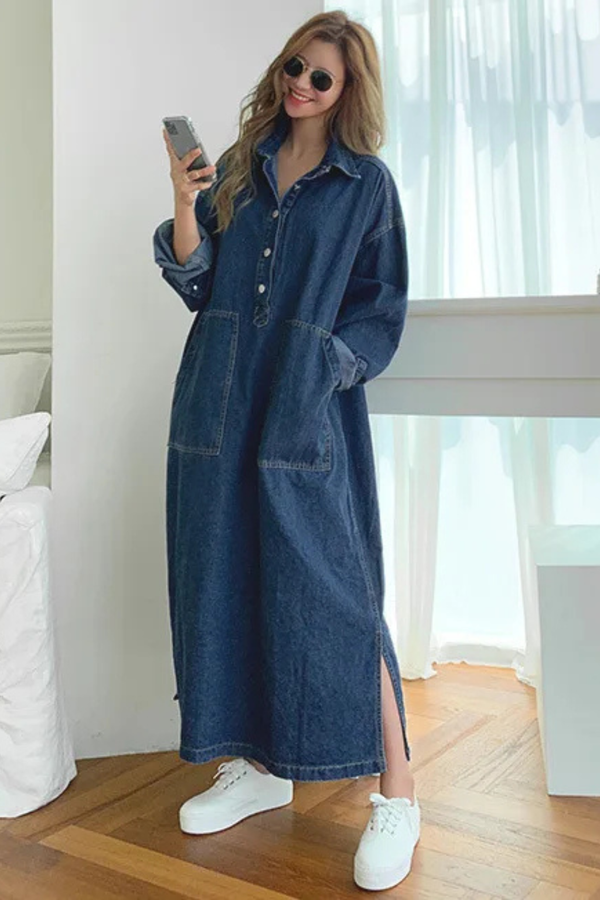 Women's Denim Maxi Dress Oversized Collared Long Sleeve
