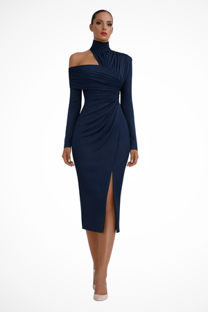 Women’s One-Shoulder Ruched Midi Dress with Elegant Side Slit