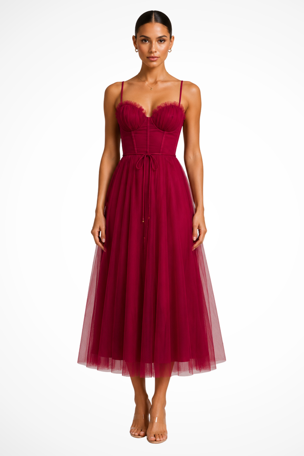 Women’s Corset Sweetheart Neck Tulle Midi Dress