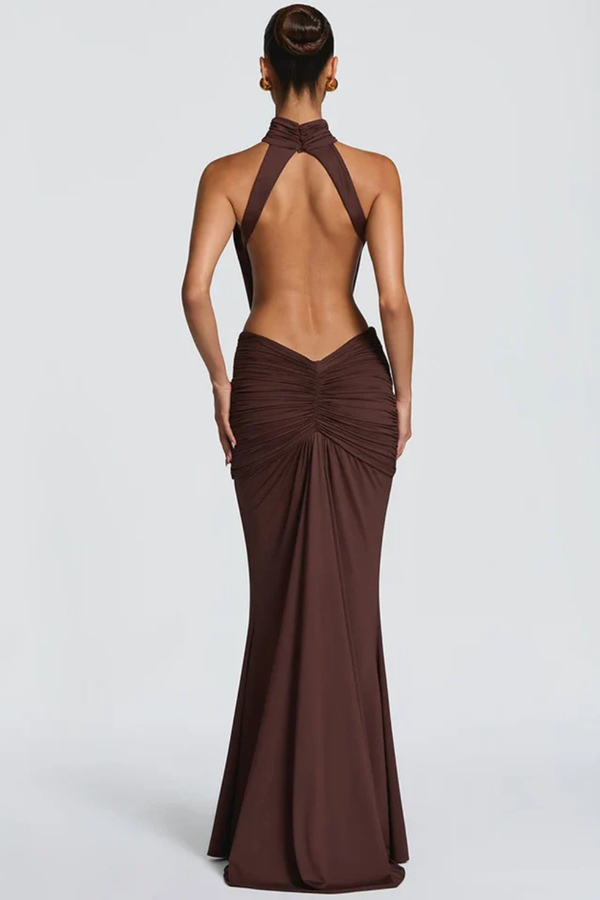 Women’s Backless Halter Neck Mermaid Maxi Dress with Open Back