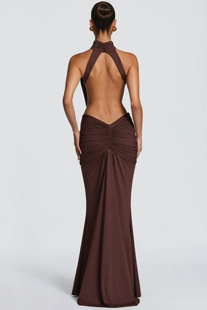 Women’s Backless Halter Ruched Bodycon Maxi Dress
