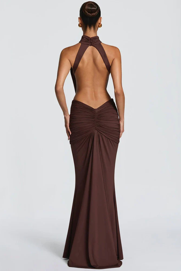 Women’s Backless Halter Ruched Bodycon Maxi Dress
