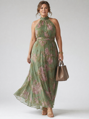 Women’s Floral Halter Maxi Dress with Waist Tie