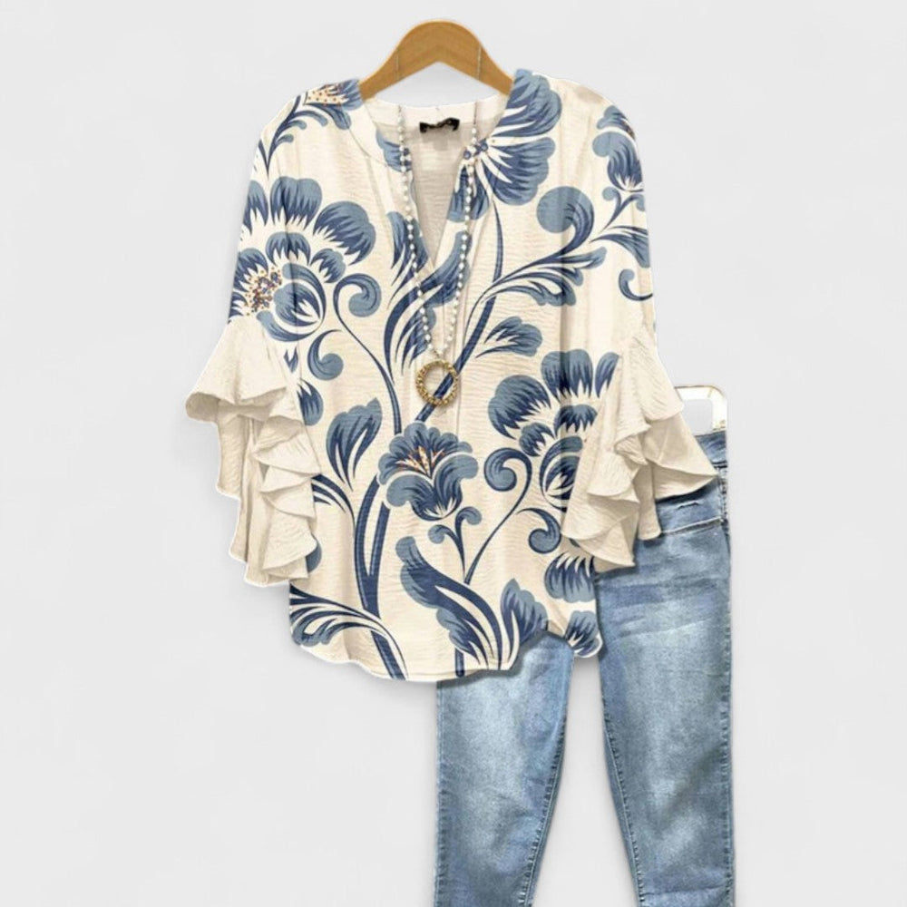 Women’s Floral Ruffle Sleeve V-Neck Blouse