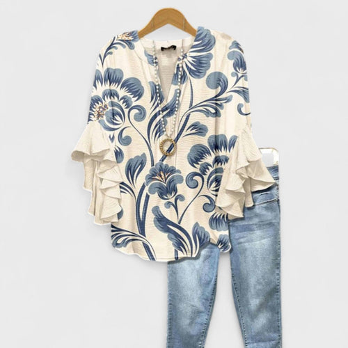 Blusa bohemia floral de mujer con mangas con volantes en capas