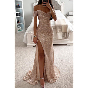 Women’s Off Shoulder Sequin Maxi Dress with High Slit and Fitted Silhouette