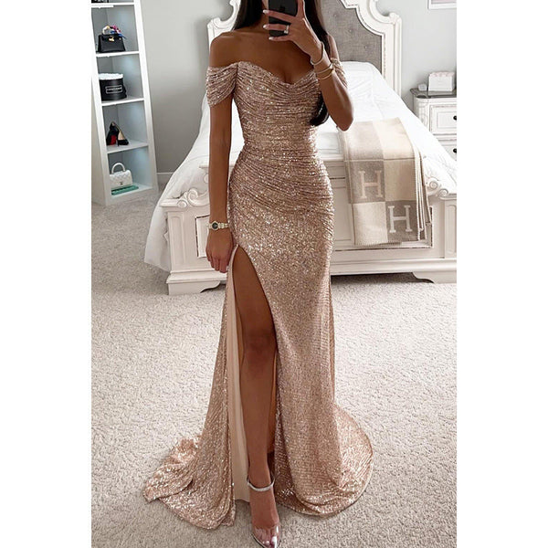 Women’s Off Shoulder Sequin Maxi Dress with High Slit and Fitted Silhouette