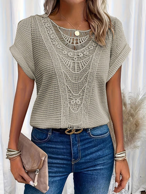 Women’s Crochet Detail Short Sleeve Casual Knit Top
