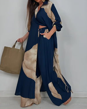 Women’s Elegant Colorblock Two-Piece Wide Leg Pants Set