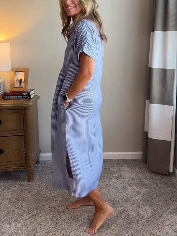Women's Striped Button-Front Midi Dress with Relaxed Fit