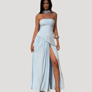 Vestido maxi plisado sin tirantes para mujer