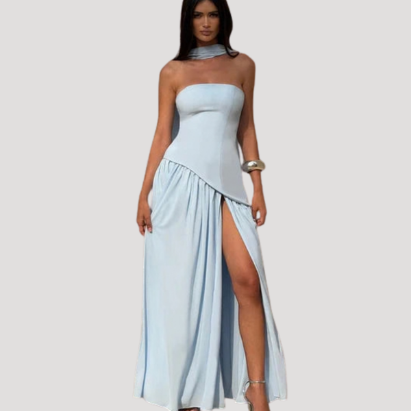 Vestido maxi plisado sin tirantes para mujer