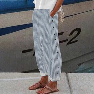 Women's Coastal Stripe Button-Detail Relaxed Pants