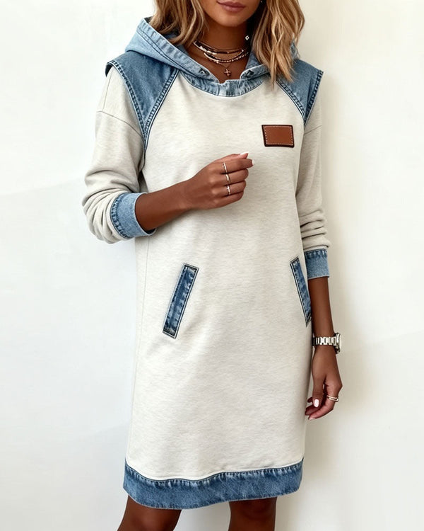 Women's Denim Midi Dress with Hood and Pockets
