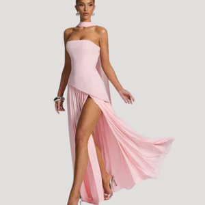 Vestido maxi plisado sin tirantes para mujer